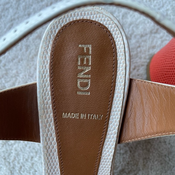 Fendi White Cut-Out Patent Leather And Orange Lizard Block Heel Peep Toe - Picture 4 of 8